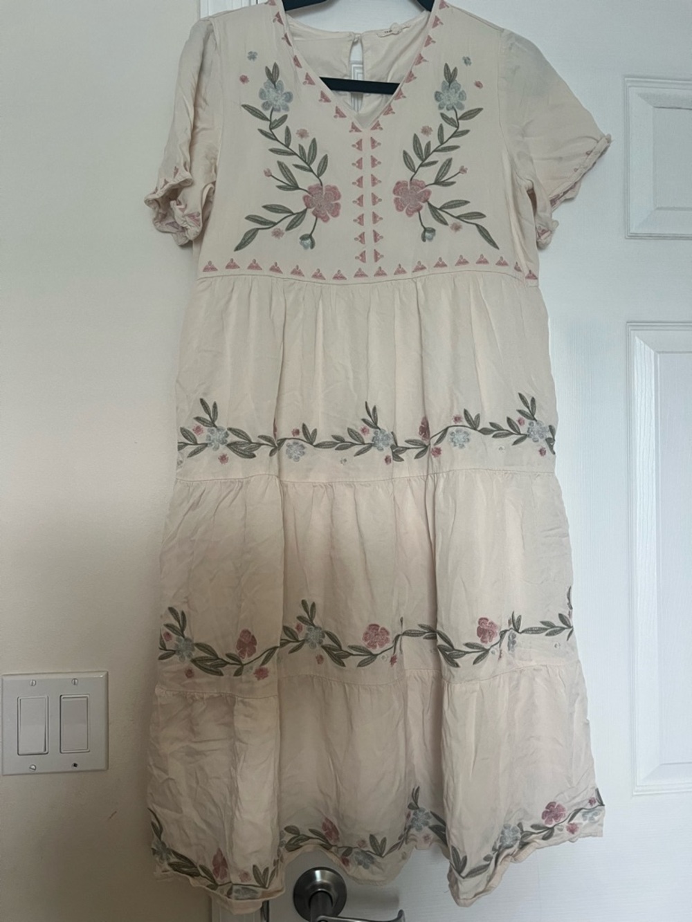 Cream Floral Embroidered Tiered Dress